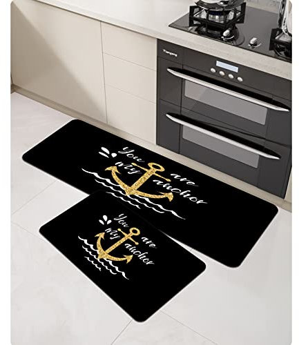 URSOPET Küchenteppich Küchenläufer Küchenmatte,Goldener Seeanker mit Liebeszitaten Du bist Mein Anker,Dekoläufer für Küche Flur Teppich Läufer waschbar waschbare