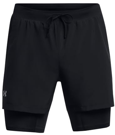 Under Armour UA Launch 5'' 2-in-1 Short Pantalones cortos deportivos con forro transpirable para hombre, shorts deportivos elásticos, color negro/negro/reflectante