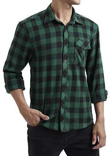 HISDERN Herren Flanellhemd Flanellhemden Männer Kariert Western Cowboy Vintage Langarm mit Tasche Baumwolle Freizeithemden Grün 3XL