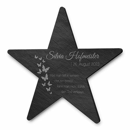 Schiefer Gedenktafel in Stern Form mit individueller Gravur und Motiven - Größe ca. 20x19,5 cm | Besonderer Grabstein für den Außen- oder Innenbereich - Personalisiertes Andenken