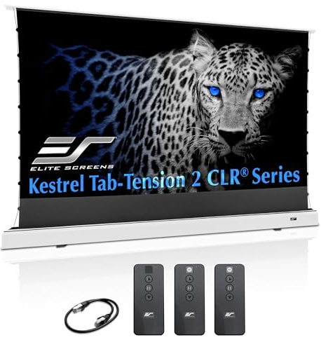Elite Screens Kestrel Tab-Tension CLR 101 Inch Motorized Floor-Rising Projector Screen, 16:9 UST ALR Ceiling Light Rejecting, Electric Front Projection, FTE101XH3-CLR, White Case