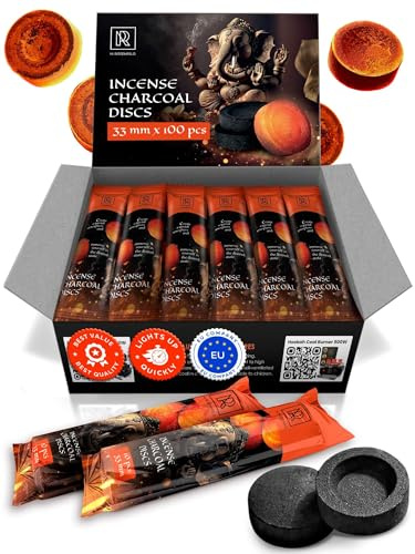 Charcoal Discs to Burn Incense - 100 pcs Charcoal for Incense Burning - 33 mm Most Quick Light Coals Tablets by M. ROSENFELD - 33 mm Resin Burner Rolls – Pack of 100 Instant Fire Coal Tablets