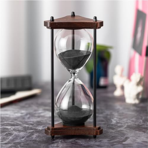 ELAINESTORE Hourglass Timer 60 Minute, Triangle Wooden Frame Decorative Sand Timer (Black Sand, Large Size)