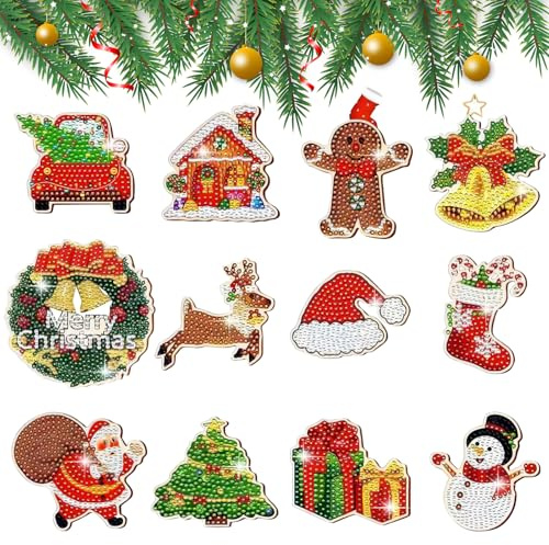 12 Pezzi Calamite da Frigo Arte Mosaico Adesivi 5D Diamond Painting Natale Adesivi Magneti Natalizi da Frigorifero per la Decorazione di Natale
