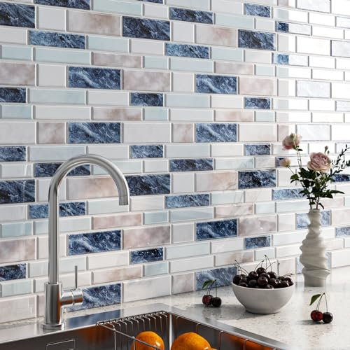 FunStick 30×30CM 30 Losetas Vinilo Para Paredes de Cocina Efecto Marmol Vinilo Adhesivo Impermeable pare Azulejos de Cocina Azul Baldosas Adhesivas Pared Baño 3D Pegatinas Vinilos Cocina Azulejos Azul