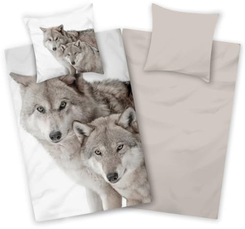 Aminata kids Biber Bettwäsche Wolf-Motiv 135x200, Flanell Baumwolle mit Winter-Landschaft, Bettwäsche-Set Wölfe beige, warm & weich für Mädchen und Jungen