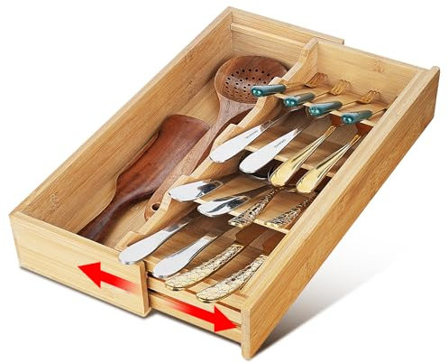 Bamboo Kitchen Drawer Organizer, Expandable Silverware Organizer, Utensil Holder, Cutlery Tray Spoon Flatware Storage with Drawer Dividers