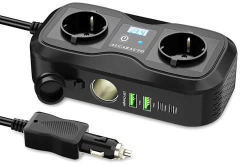 AUCARAUTO 7in1 Wechselrichter 12V auf 230V, 200W Auto Spannungswandler Stromwandler mit 2 Steckdosen und 4 USB-C USB-A Ports Schnelles Aufladen KFZ Ladegerät mit Zigarettenanzünderstecker für Laptop