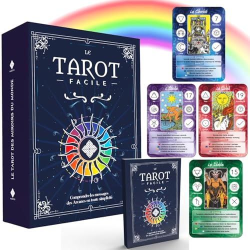 Tarot adivinatorio – Tarot fácil – 78 cartas + folleto + 200 páginas (francés) – ¡Aprende a leer los arcanos fácil y de forma lúdica! Ideal para principiantes – Tarjetas grandes