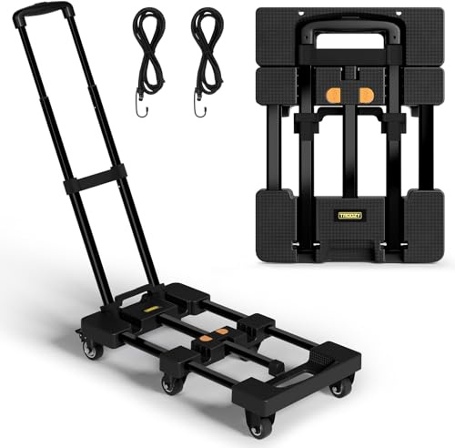 Folding Hand Truck, Heavy-Duty Dolly Cart with 6 Wheels, 500 LB Capacity, 26 Extendable Plate, 2 Elastic Straps, Collapsible Utility Cart for Moving, Luggage, Travel, Shopping, Black