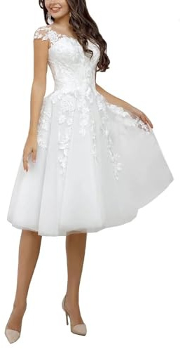 Robes de mariée courtes en tulle avec appliques en dentelle pour femme - Robe de mariée sans manches à longueur genou, Blanc 1, 36