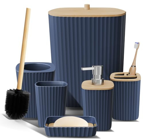 Clara Clark Bathroom Set - Navy Blue Bathroom Accessories Set, 6PC Bathroom Accessory Set, Bathroom Sets with Toilet Brush, Trash Can & Soap Dispenser