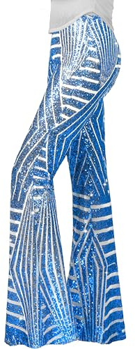 Nawgut Pantalon évasé à paillettes à taille haute avec sequins, pantalons à fond cloche pour femme, vêtements de discothèque et de fête, bleu ciel, Taille S