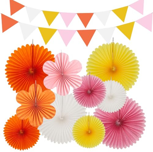 Pappersblommor dekorationer – orange rosa hängande dekorationer pappersfläkt för födelsedagar bröllop trädgårdsfest vägg klassrum bord evenemang tillbehör
