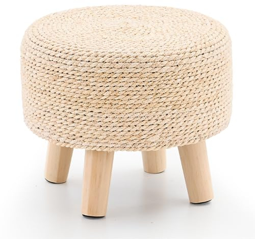 Wimarsbon Round Foot Stool Natural Seagrass Poufs Ottoman Hand Weave Footrest Stool for Couch Desk Extra Seat Step Stool with Solid Wood Legs for Hallway Patio Lounge Natural