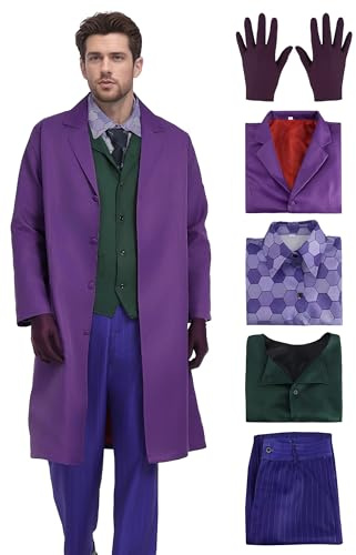 Woparty Costume de Joker - Manteau violet, chemise, gilet vert, cravate, gants, pantalon - 6 pièces - Costume d'Halloween pour homme (taille M)