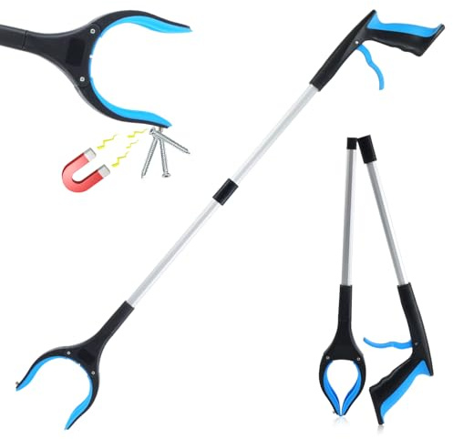 Qcdou Pinza Plegable para Personas Mayores, Pinza Recoge Objetos de Aluminio, Pinza Plegable con Puntas Magnéticas, Ayudas para Discapacitados, Adecuado para Personas Mayores y Discapacitadas (Azul-B)