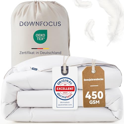 DOWNFOCUS Komfort Bettdecke 220x240 | 100% Weiche Federn & Daunen | Oeko-Tex, RDS Zertifiziert für Tierwohl | Ganzjahres Federbett Daunendecke 240x220cm Bezug aus 100% Baumwolle