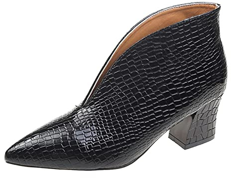 Bottines pour femme en cuir verni à motif fendu à enfiler Bout pointu rétro Talon bas respirant Léger Bottes confortables à talon épais à enfiler, Noir , 38 EU