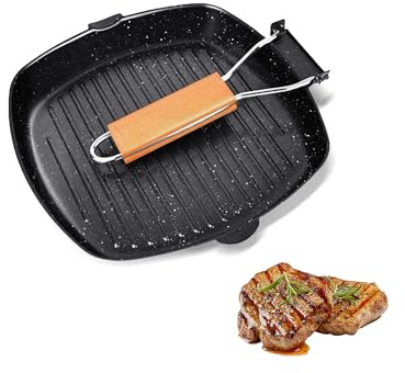 Gurlideo 28cm Nonstick Grill Pan with Folding Handle, Induction Grill for All Hobs, for Indoor Cooking, Camping, BBQ, Steak, Burgers, PFOA Free, Black