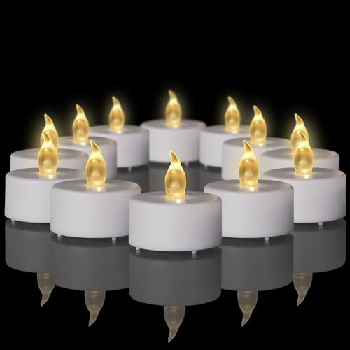 Pack of 24 LED Tea Lights Candles with Timer, Electric Flickering Flameless Battery Operated Candle Lamp, Warm Yellow, 6 Hours On/18 Hours Off, Weddings, Parties, Festival, Home Decoration, No Remote
