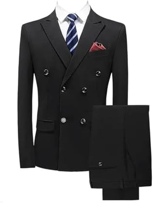 Conjunto de traje de tres piezas de color sólido para hombre, casual, vestido de novia, blazer y pantalones, Doble fila negra, XXL