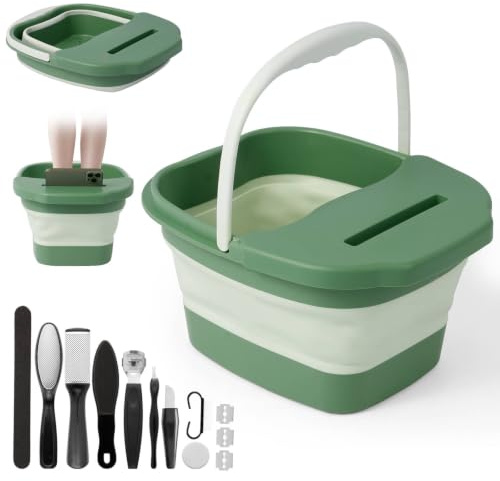 Bañera plegable para pies con función de masaje, bañera de pies multifuncional 11-en-1, juego de lima de acero inoxidable y removedor de callos, baño de burbujas para pies para pedicura, relajación y