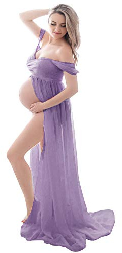 FEOYA - Mammaklänning för fotografering, bälte i chiffong, fotorekvisita med blomma, brudbälte/strassbälte för kvinnor, graviditet, baby shower, bröllop, fest, Ljuslila, L