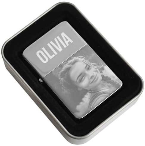 Encendedor Personalizado con Foto y Texto – Encendedor de Gasolina Recargable con Grabado láser y Caja Regalo – Idea Regalo Original para Hombre y Mujer, cumpleaños, Día del Padre, San Valentín