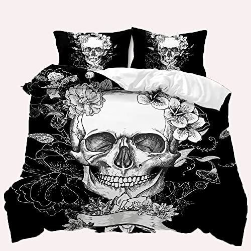 TULTOAP Bettwäsche 135x200 3D-Druck Blumen und Schädel Bettbezug Rose Totenkopf Bettwäsche Gothic Bettdecke Skull Motiv Bettwäsche Set mit Kissenbezug (Handbemalte Schädel,135 x 200 cm)