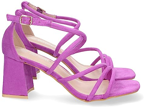 shoes&blues.es 75257 Sandalia de Tacon para Mujer, Comodo, con Tiras Finas Cruzadas, Talon Cerrado, y Cierre de Hebilla Lila Talla 41