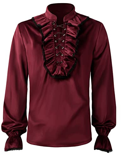 Chemise Victorienne Homme Col Jabot, Tee Shirt Homme de Renaissance à Volants-Top Manches Bouffantes Vintage Gothique Blouse pour Steampunk élégant Cosplay Medievale Cour Halloween Haut