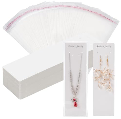 PH PandaHall 100pcs 8x2.3inch Long Necklace Display Cards with 100pcs Clear Self Adhesive Bags, White Jewellery Display Cards Paper Hanging Cards Necklace Holder Organizers Packaging for Business