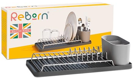 ReBorn - Recycled Dish Draining Rack - Kitchen Sinkside Drainer - Holds up to 6 Plates - Removable Cutlery Basket - Stainless Steel Rack - Made in Britain (Grey, Compact)