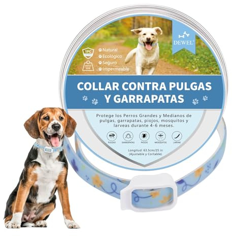 DEWEL Collar Antiparasitario Perro, Collar contra Pulgas, Garrapatas y Mosquitos, Control Antipulgas para Perros y Gatos 6-8 Meses, Collares para Perros y Gatos M 63.5 cm Azul