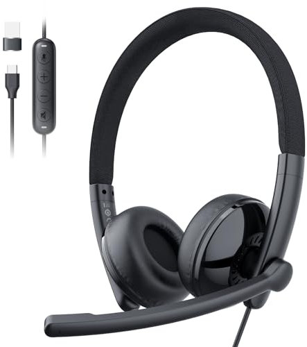 EMEET HS50 - Cascos con Microfono, Auriculares con Cable Supraaurales para Computadora con Micrófono con Cancelación de Ruido, USB-A/USB-C, Diseño Ajustable, Control en Línea para Equipos de