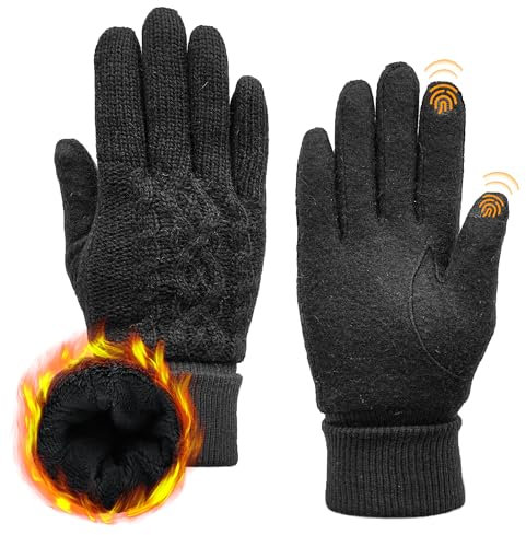 ACUSHLA-Handschuhe aus Merinowolle für Männer und Frauen – Fleecegefütterte, schwere, warme Touchscreen-Handschuhe für kaltes Wetter im Winter, weiche, thermische Strickhandschuhe Schwarz L