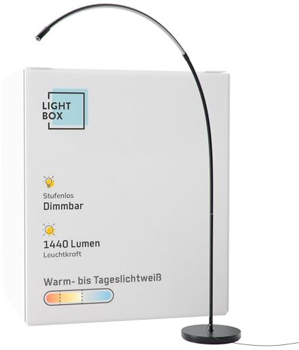 Lightbox LED Bogenstehlampe | 1,7 m Höhe | Stehleuchte mit Kopf-Schalter, dimmbar (CCT) | LED Lampe (1440 lm, 18 W) | Standleuchte auch als Schlafzimmer, Büro und Flur Lampe | aus Metall in Schwarz