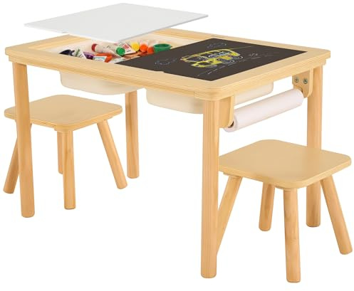 Bateso Sensory Table for Toddlers with 2 Chairs & Roll Paper, Wooden Kid Table Chair Set with Double-Sided Boards and 2 Storage Bins, Activity for Sand and Water Play, Indoor & Outdoor Use