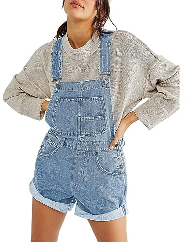 Cusghjbsg Women Denim Bib Short Overalls Adjustable Suspender Romper Shorts Casual Rolled Cuff Wide Leg Jumpsuit Shortalls With Pocket (A-baby blue, M)