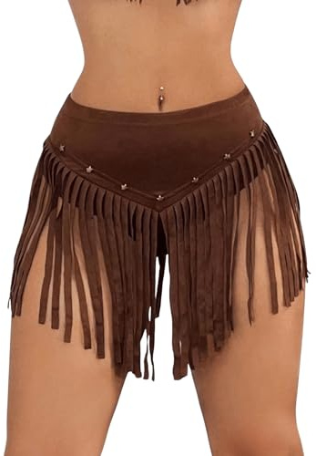 GORGLITTER Jupe à franges pour femme - Fermeture éclair - Jupe d'été évasée - Avec œillet - Mini jupe Rivet - Jupe courte - Jupe courte - Tenue de festival de musique occidentale, marron, XS