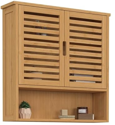 IDMarket - Hängeschrank für Badezimmer Bambus BEA 2 Türen und Regal
