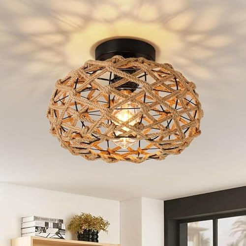 Boho luces lámpara de techo,11.8 Retro costera tejida a mano de cáñamo cuerda de mimbre ratán jaula,Rústico semi empotrada lámpara de techo,Bohemio jaula araña para pasillo,dormitorio,entrada