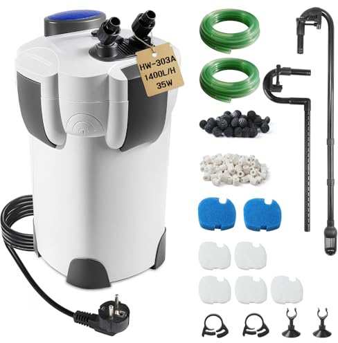 EXLECO Außenfilter Aquarium 1400L/H 35W Filter für Aquarien Einstellbar Aquariumfilter, Leistungsstarker 3 Stufen Kanisterfilter für Aquarium bis 300L, Kammerfilter mit Filtermaterial Schlauch HW-303A