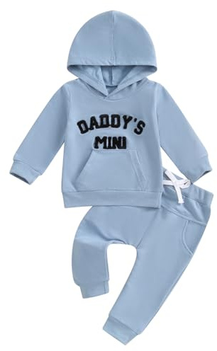 LUVCES Set di Vestiti per Neonati Bambino Piccoli Stampa Lettere Felpa con cappuccio e Pantaloni 2PCS Autunnali Primaverili Vestiti Outfit per Ragazzi Daddy's Mini Azzurro chiaro 9-12 Mesi