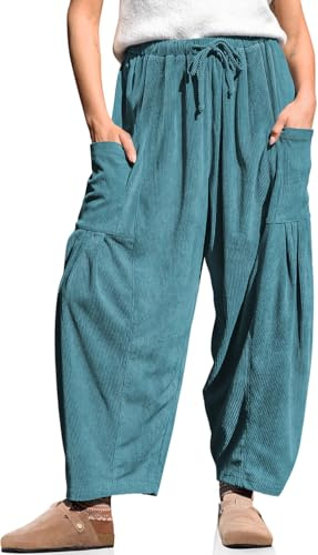 TARSE Corduroy Pants for Women Wide Leg Drawstring Baggy Barrel Travel Vacation Palazzo Harem Pants with Pockets, Lakeblue, XXL