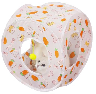 Andiker Tenda per gatti, a 3 fori, sicura e resistente, a tunnel, pieghevole, facile da trasportare, per interni, gatti, gattini, nascondersi, giocare, allenarsi, dormire (carota quadrata)