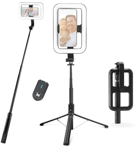NEEWER BASICS 10W Luce Selfie con Treppiede, LED Ring Light Quadrato da 1200mAh, 72” Selfie Stick Porta Telefono Compatibile con iPhone, CRI90 3 Modalità Telecomando per Video Vlog di Viaggio, NL100B