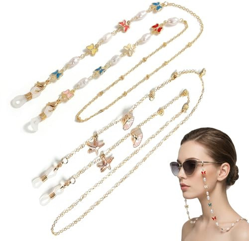 GWEOR 2 Cadenas Para Gafas Sol Mujer - Cadena Para Gafas Sol Con Perlas Para Mujer - Cinta Para Gafas Con Piedras Preciosas Para Gafas Lectura - Perla Con Forma Mariposa Y Estrella Mar Metal