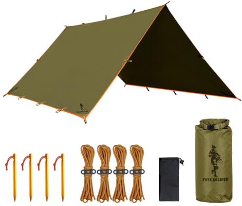 Free Soldier camping presenning vattentät 3 m x 3,2 m stor hängmatta tält presenning bärbar presenning anti-UV skydd solskydd markis för camping vandring resor utomhussport (mod med naglar)